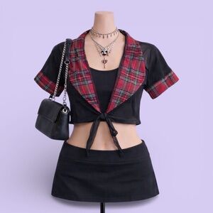 Bodyrage Red Plaid Sheer Mesh Tie Front Crop Top Y2K XL Grunge Goth Punk Retro